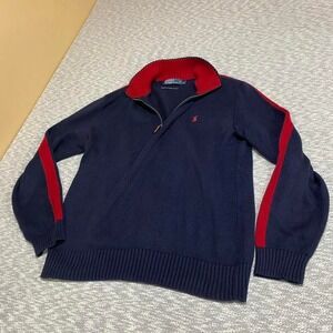 Ralph Lauren blue quarter zip sweater red striped on sleeves men Size L. SKU960